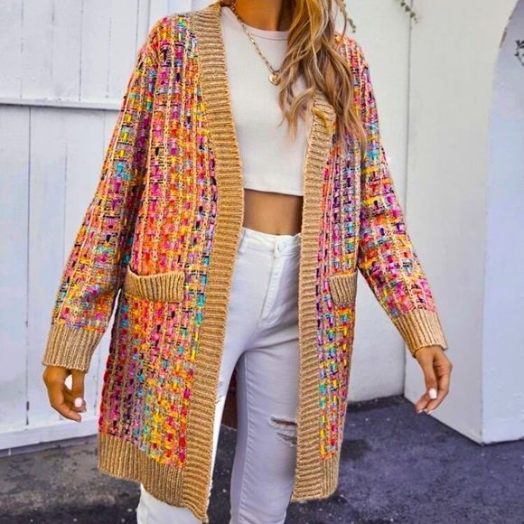NWT! GORGEOUS BOUTIQUE MULTICOLOR OPEN FRONT PATCH POCKET CARDIGAN-SIZE LARGE - Picture 6 of 10